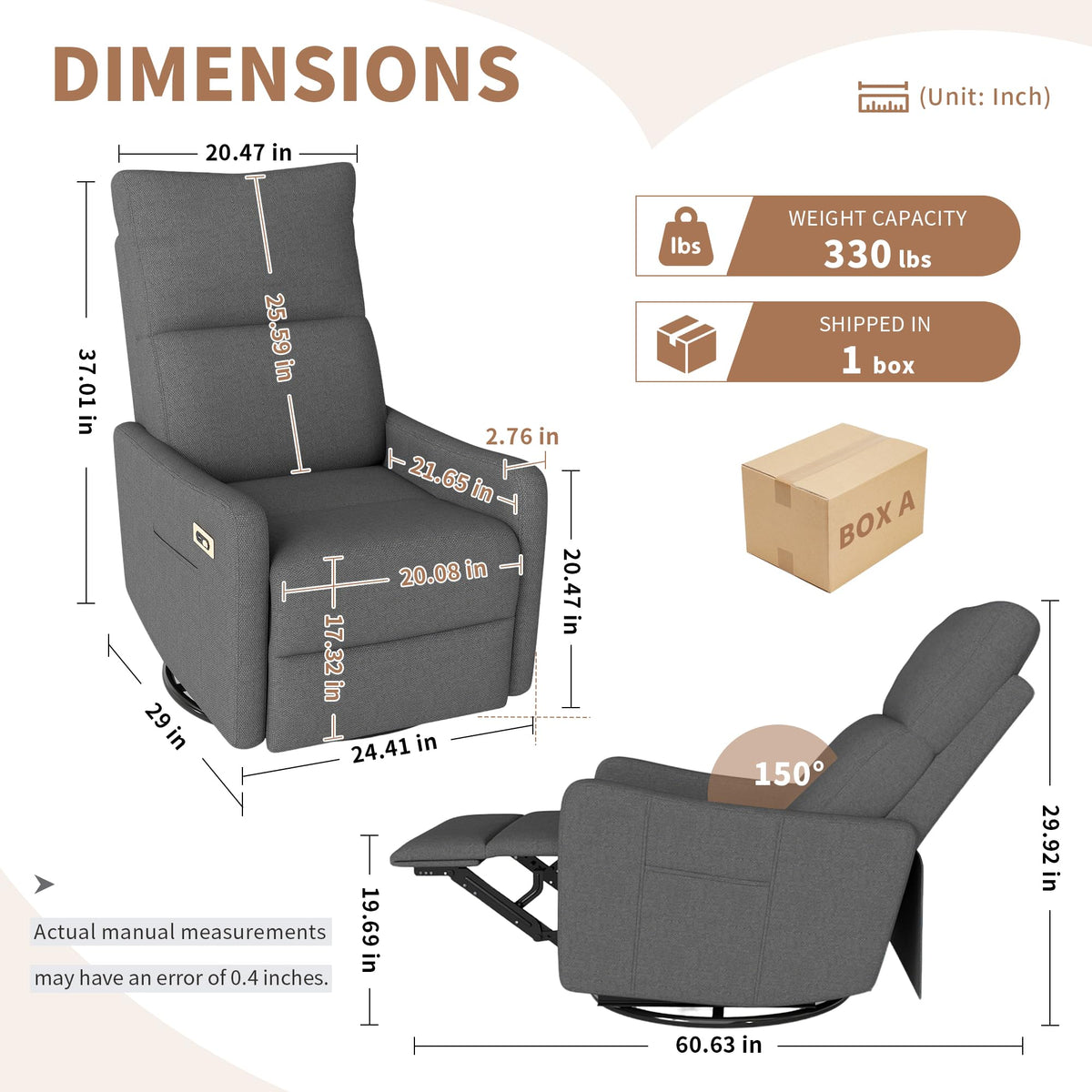 Dark Gray Velvet Swivel Recliner Chair B2769