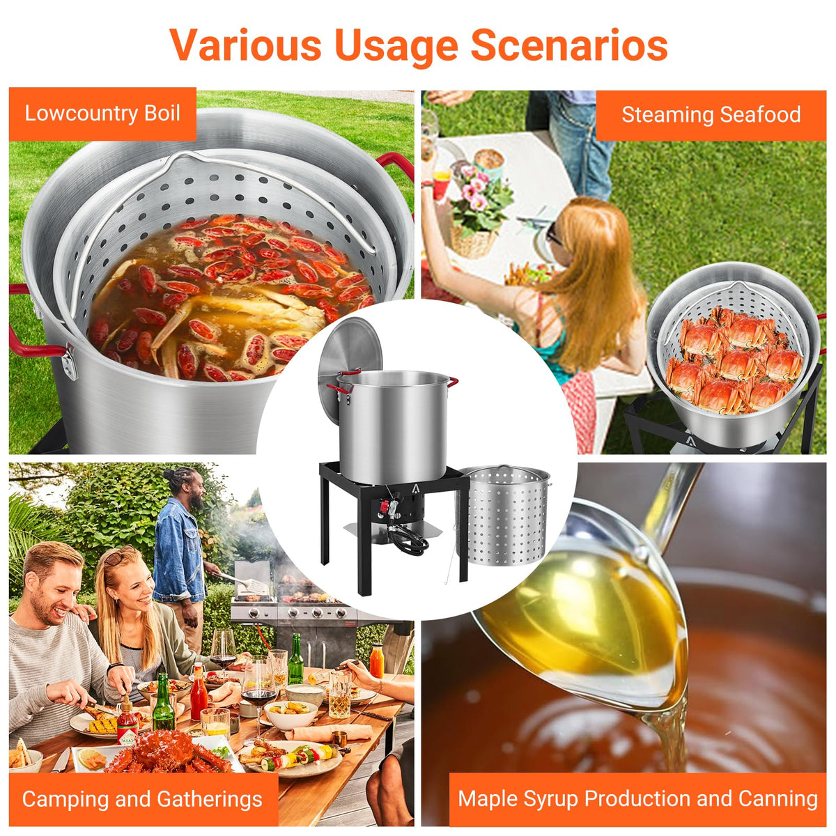 100Qt Aluminum Seafood Boil Pot with Strainer Basket and Propane Stove Burner J8674