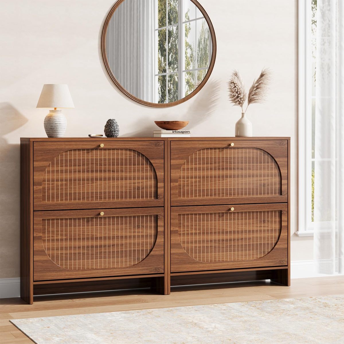 Luminous Walnut Shoe Storage Cabinet with Adjustable Shelves R56777