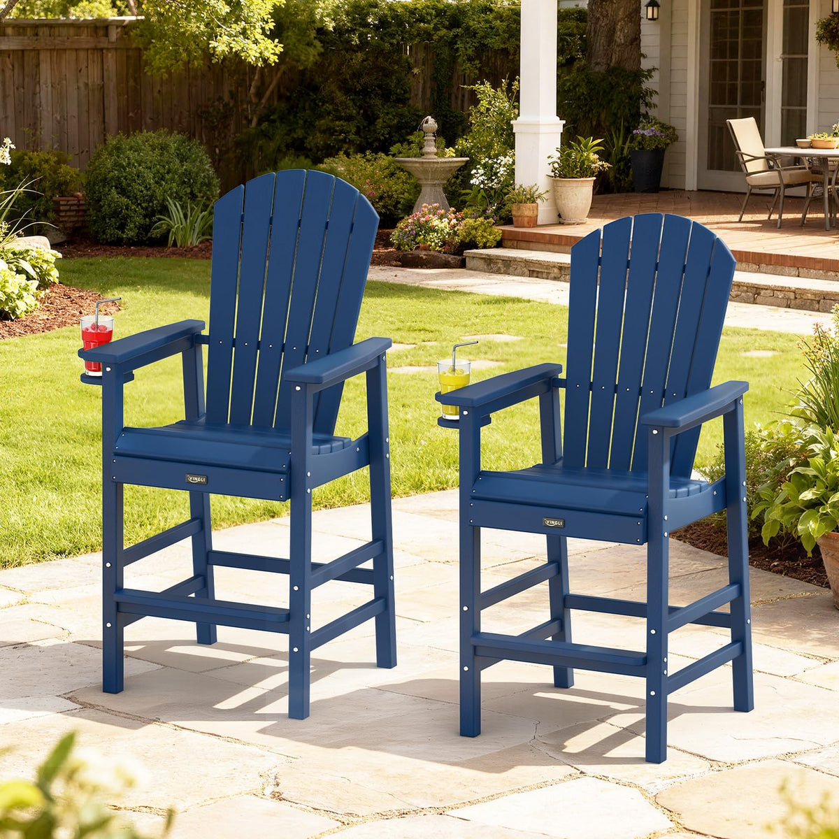 Tall Adirondack Chairs Set of 2, All-Weather Plastic with Cup Holders, Navy Blue H396