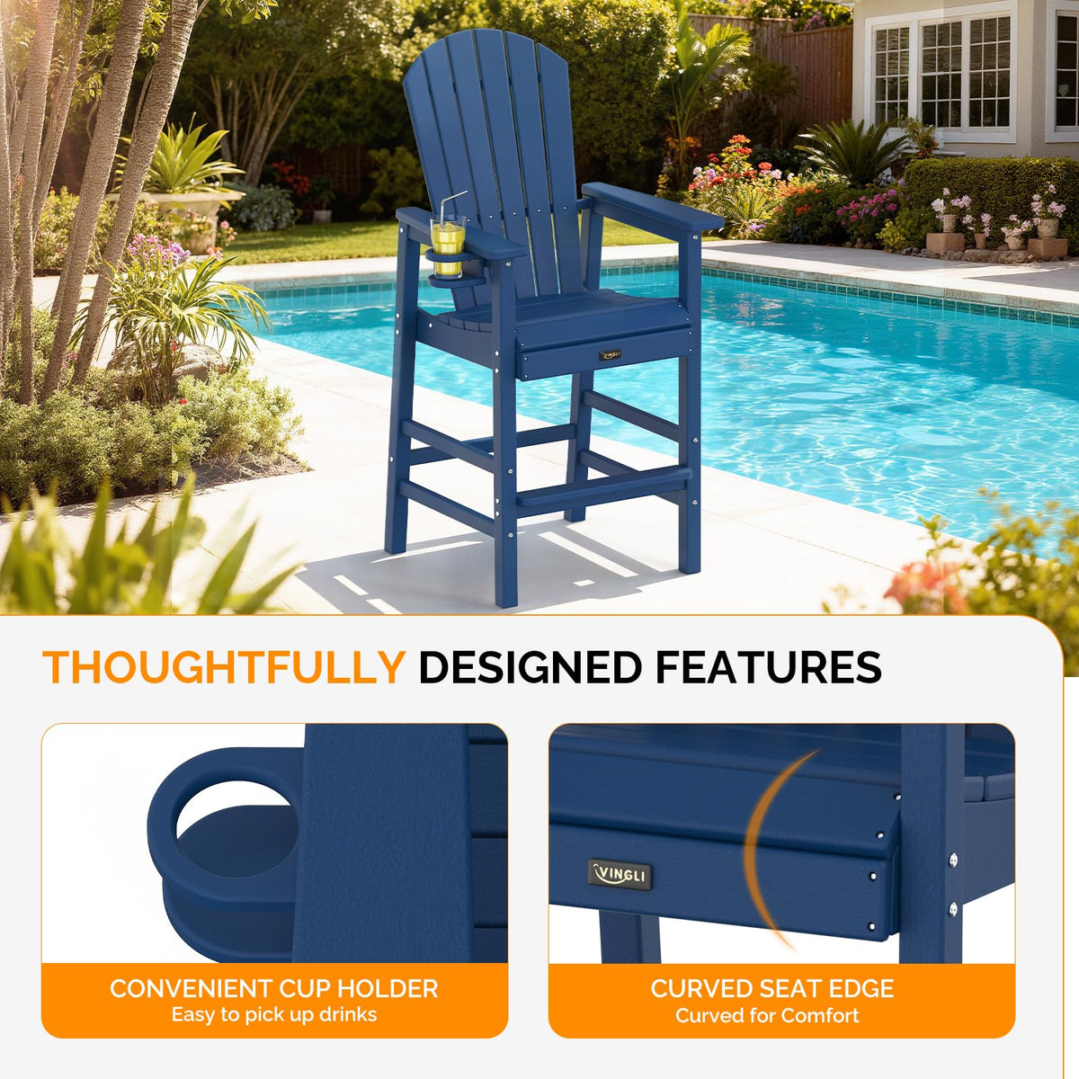 Tall Adirondack Chairs Set of 2, All-Weather Plastic with Cup Holders, Navy Blue H396