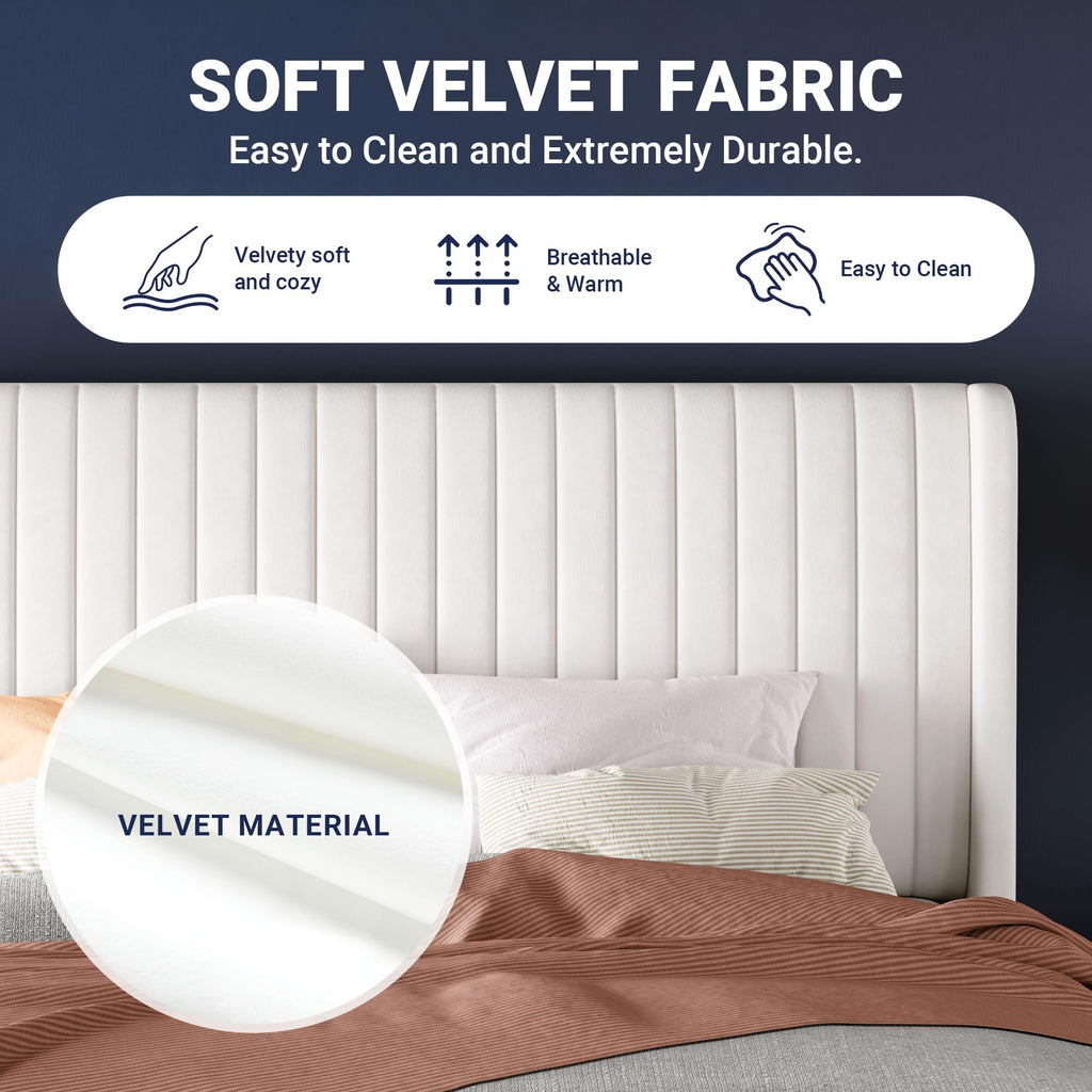Queen Size White Velvet Upholstered Platform Bed Y85275