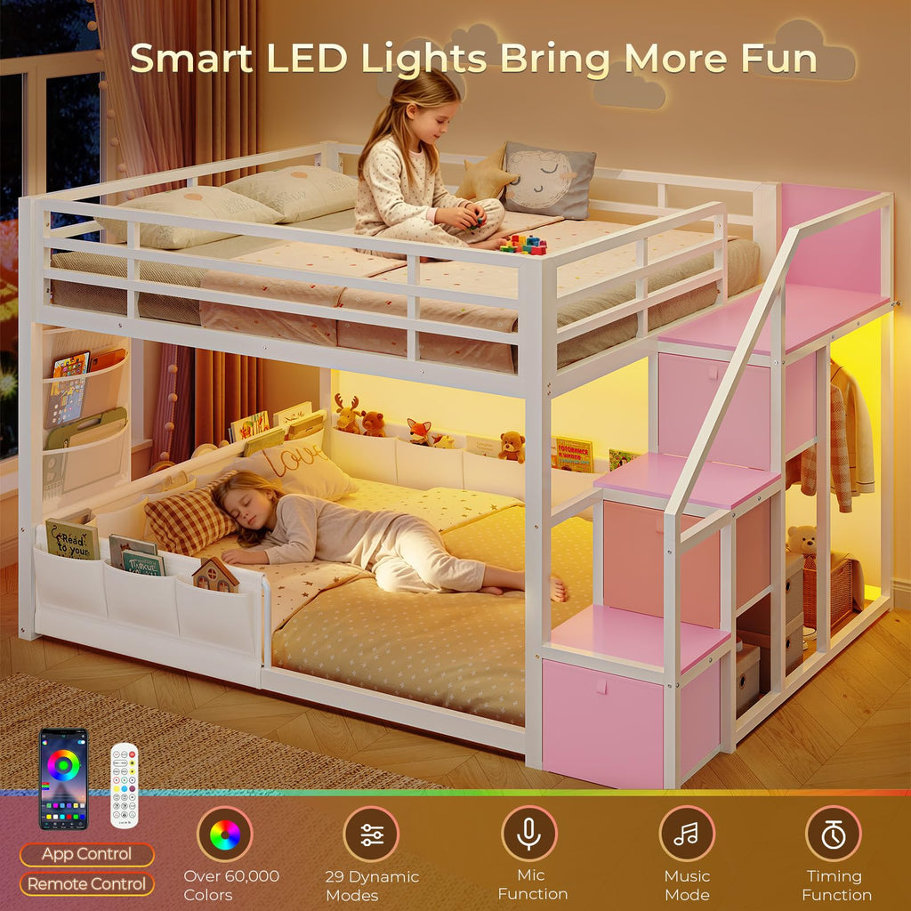 Full Over Full Bunk Bed with Storage Stairs and Drawers, White & Pink R4996