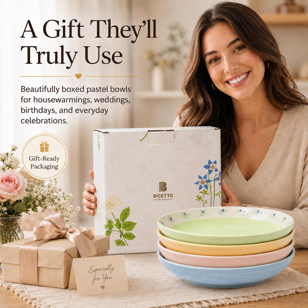 Hand-Painted Floral Ceramic Pasta Bowls Set of 4 M386