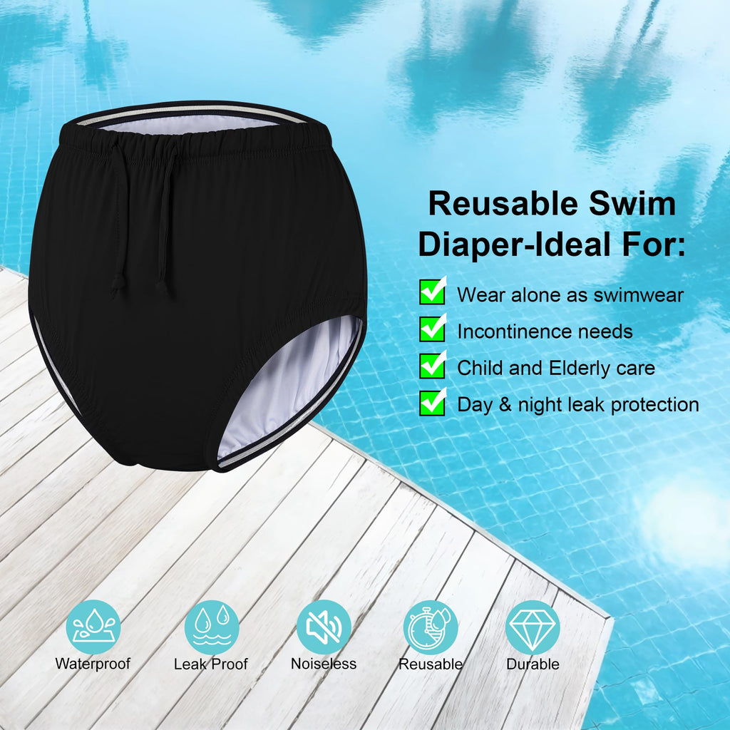Reusable Waterproof Leakproof Swim Diaper Black 10-12Years U72878