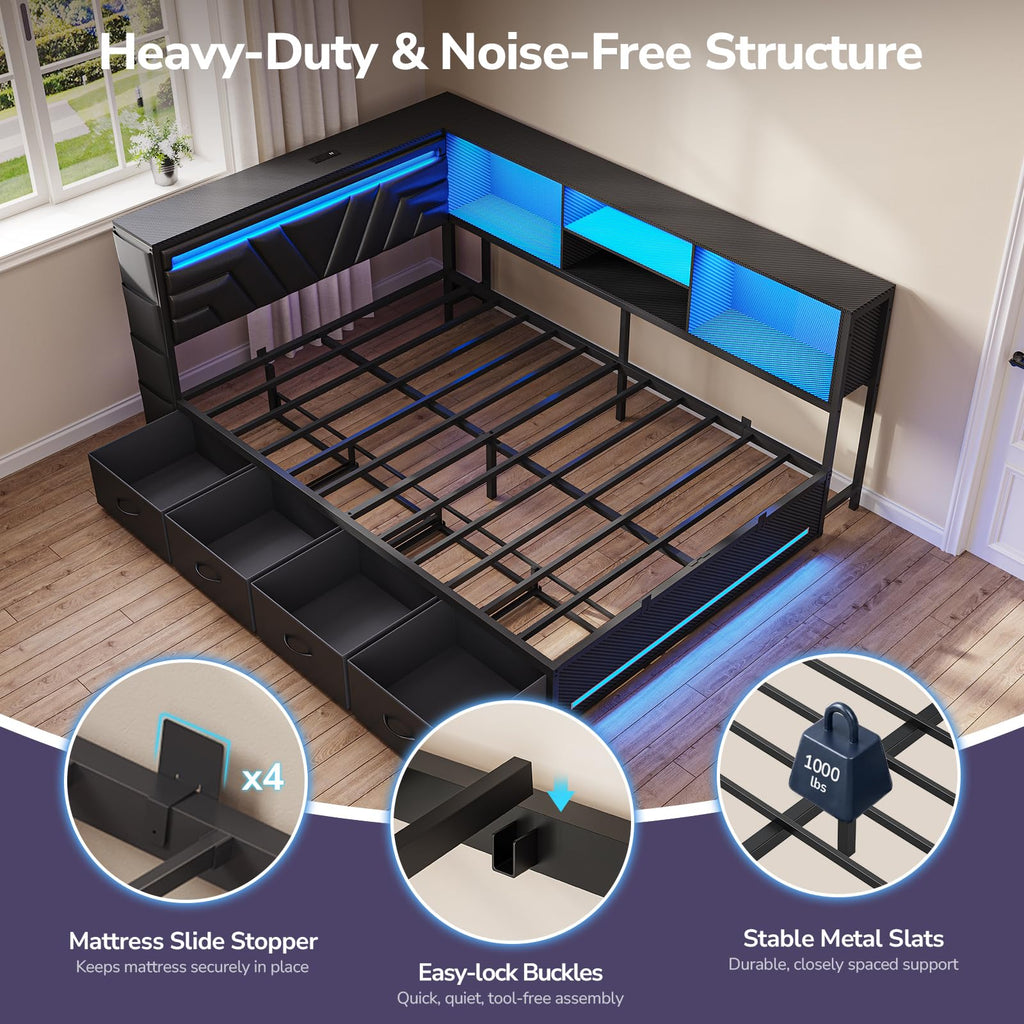 Corner Bed Frame with Storage Bookcase and 4 Drawers W20901