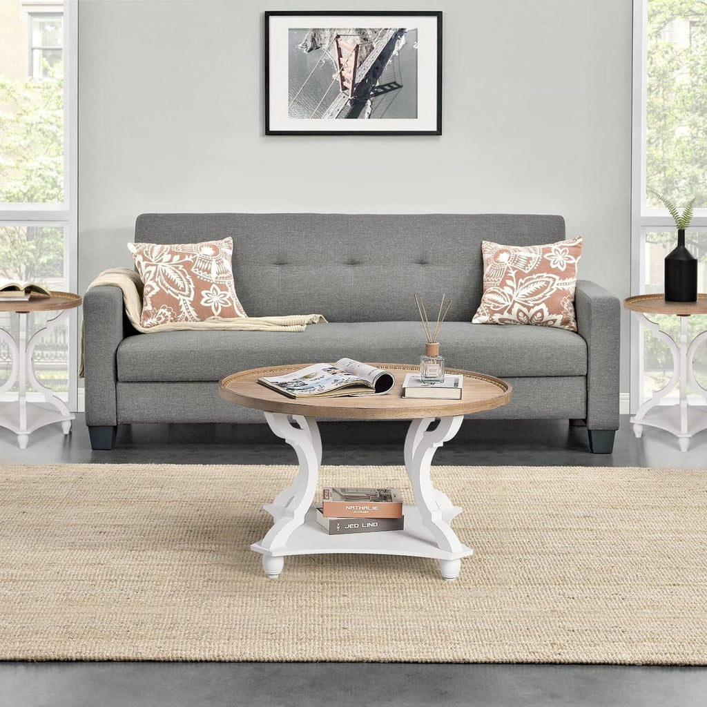 Farmhouse Round Coffee Table with Storage Shelf S49483
