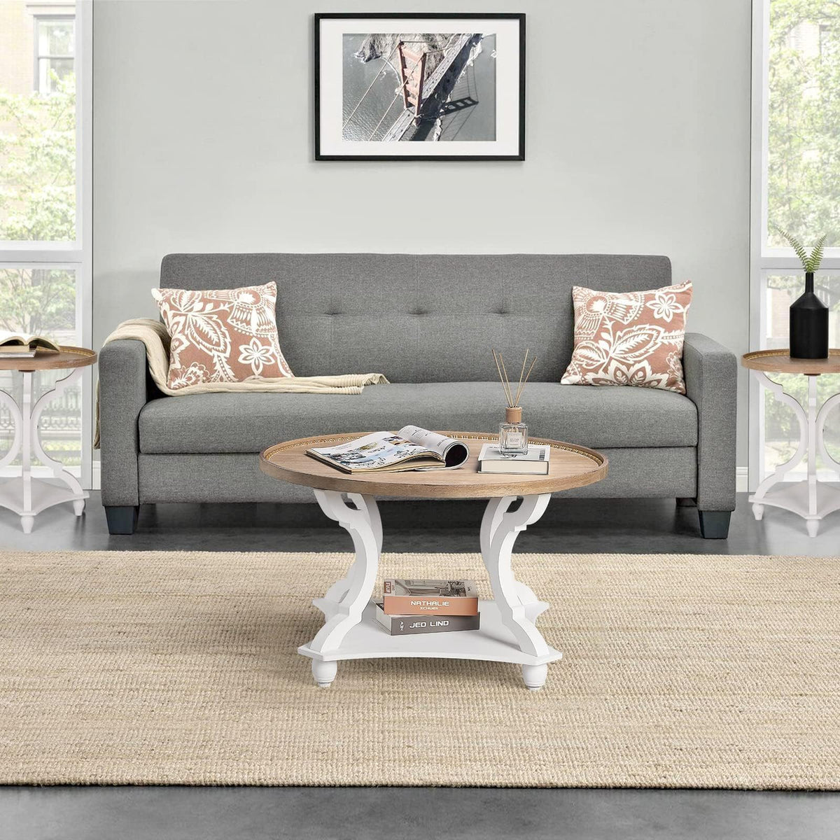 Farmhouse Round Coffee Table with Storage Shelf S49483