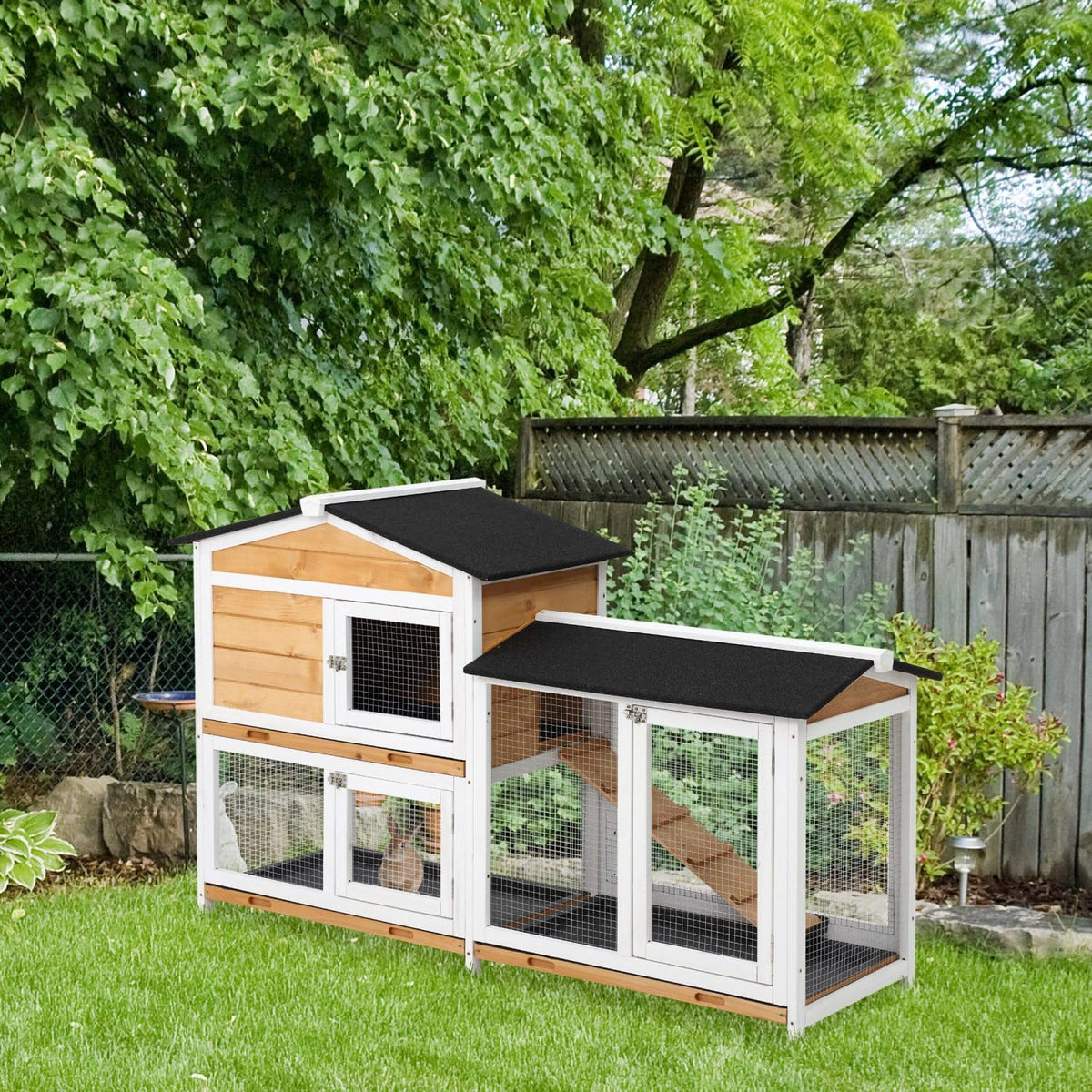 2-Story Wooden Rabbit Hutch with Ramp F4852