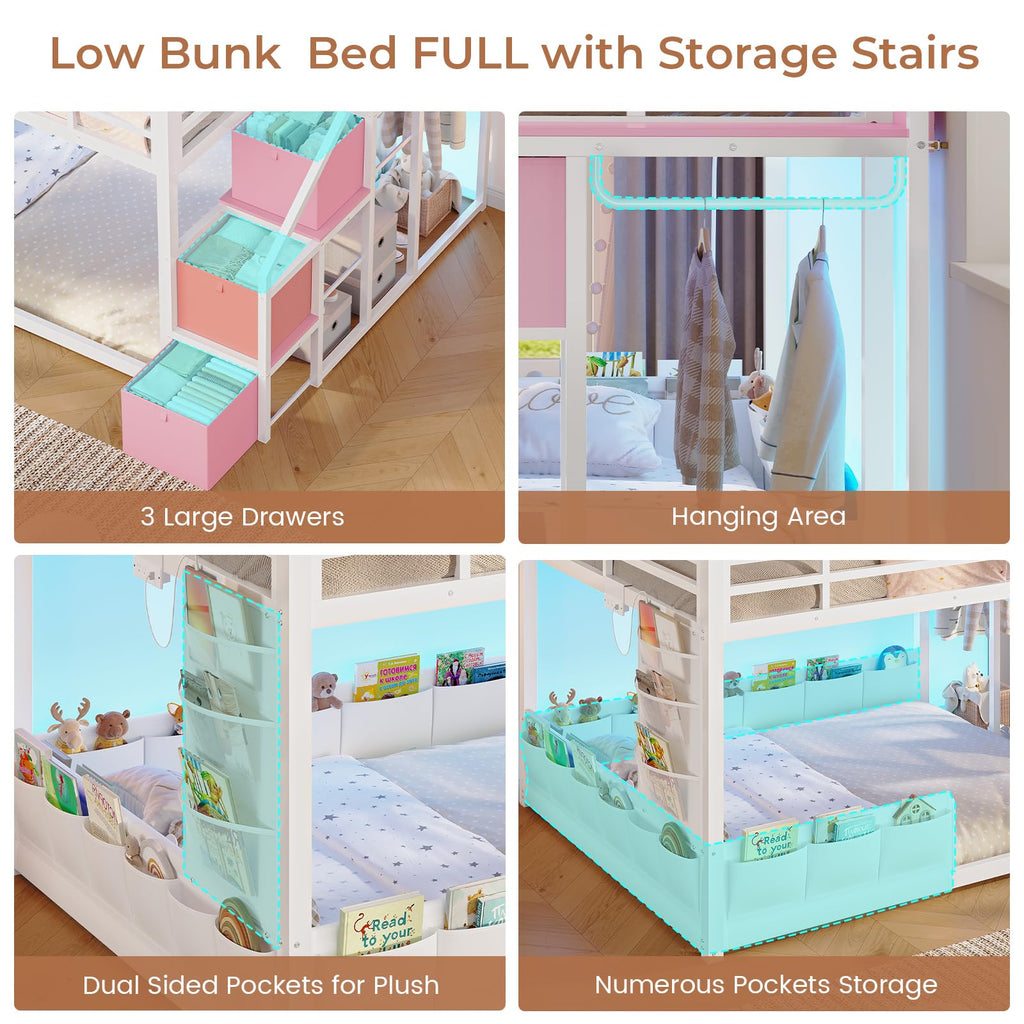 Full Over Full Bunk Bed with Storage Stairs and Drawers, White & Pink R4996