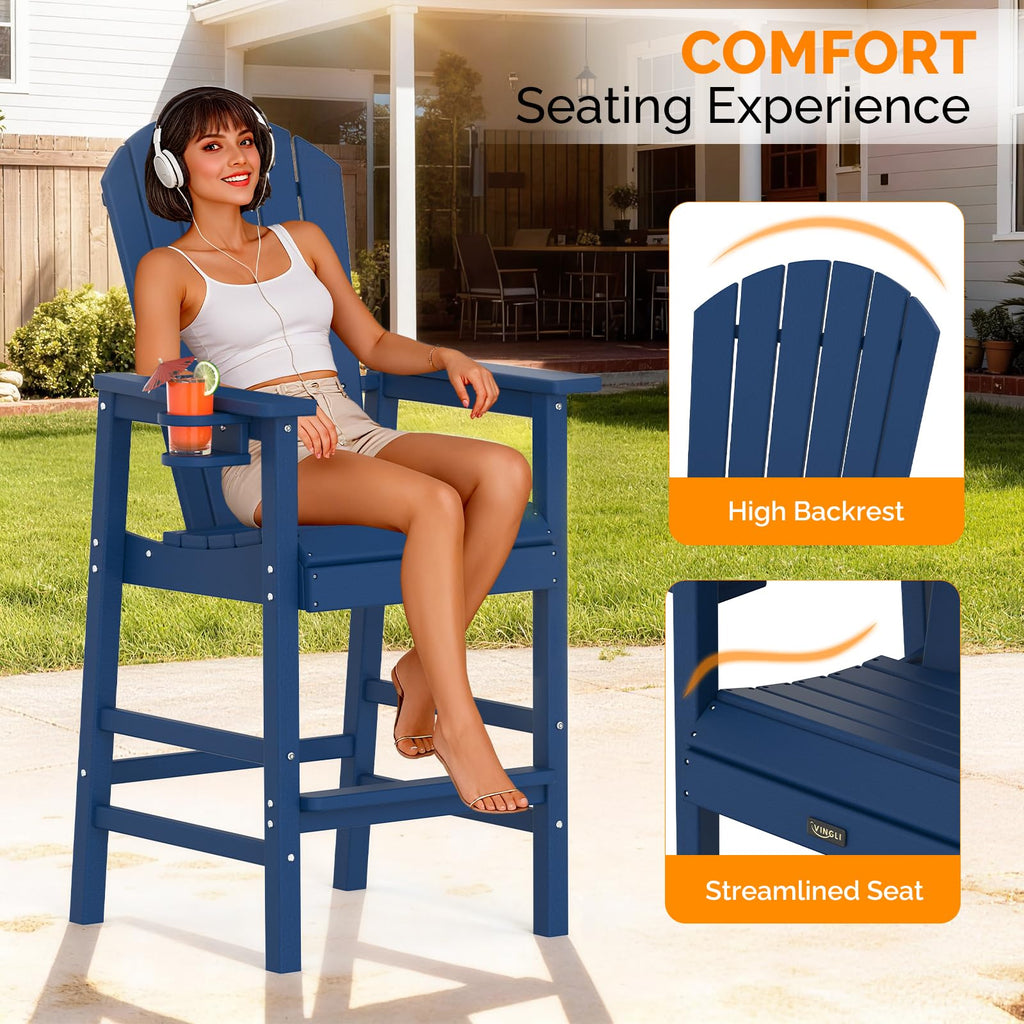 Tall Adirondack Chairs Set of 2, All-Weather Plastic with Cup Holders, Navy Blue H396