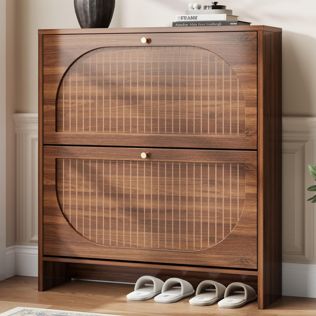 Luminous Walnut Shoe Storage Cabinet with Adjustable Shelves R56777