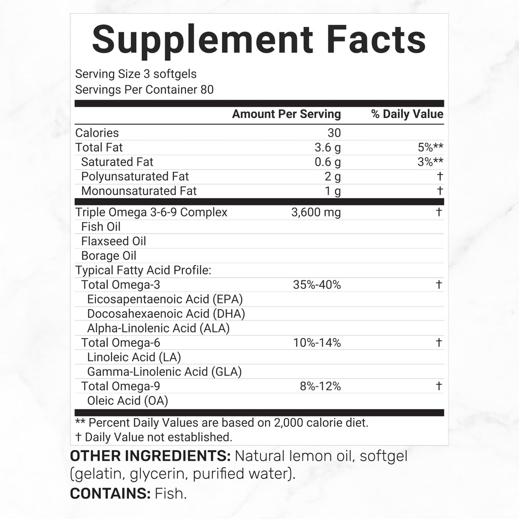 Omega 3-6-9 Fish Oil 3,600mg 240 Softgels Lemon Flavored A27255