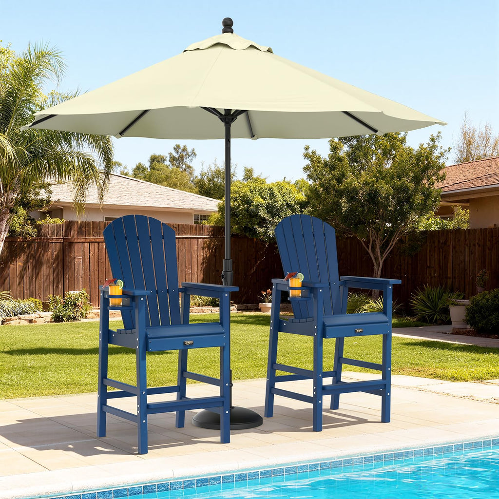 Tall Adirondack Chairs Set of 2, All-Weather Plastic with Cup Holders, Navy Blue H396