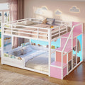 Full Over Full Bunk Bed with Storage Stairs and Drawers, White & Pink R4996