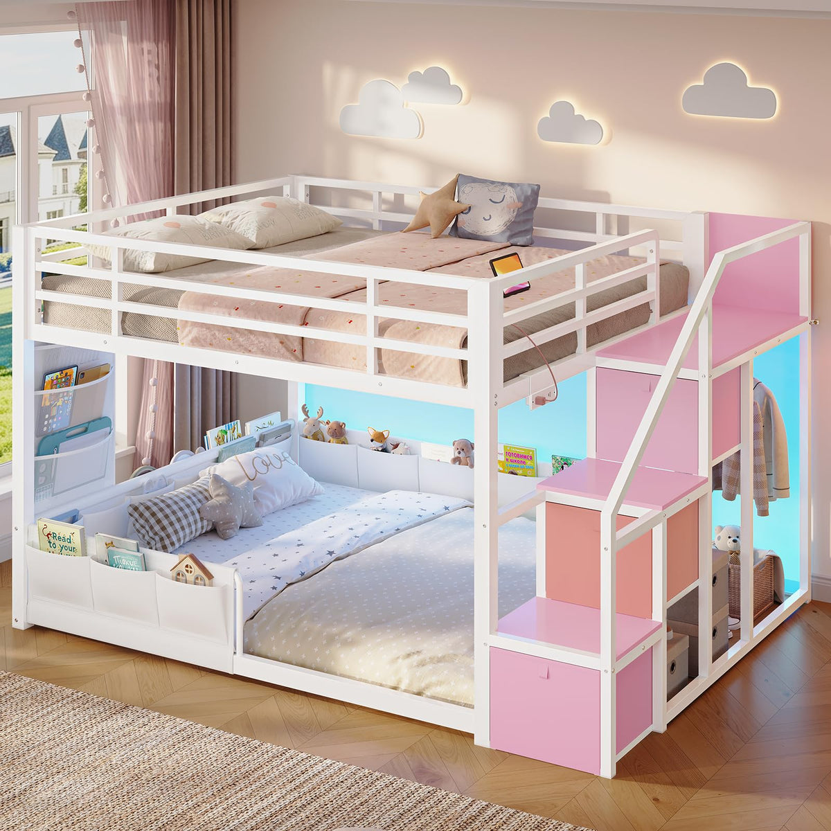 Full Over Full Bunk Bed with Storage Stairs and Drawers, White & Pink R4996