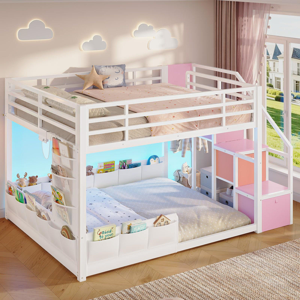 Full Over Full Bunk Bed with Storage Stairs and Drawers, White & Pink R4996