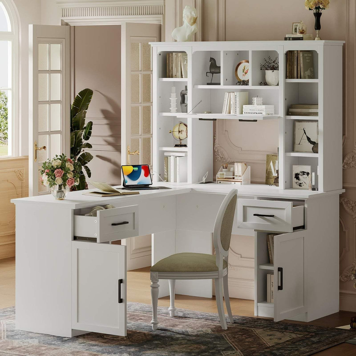 White L-Shaped Computer Desk with Hutch and Storage V562