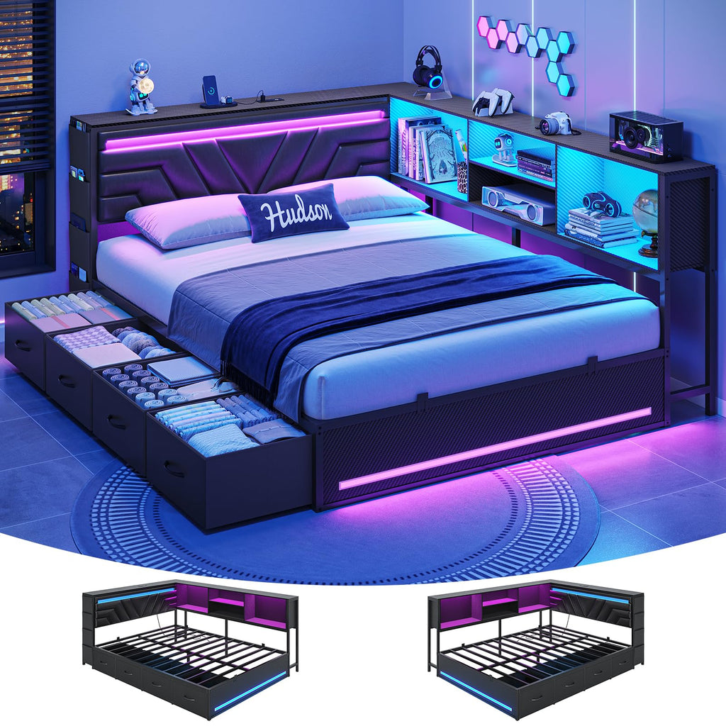 Corner Bed Frame with Storage Bookcase and 4 Drawers W20901