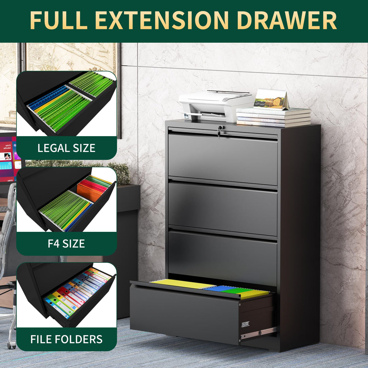 Black 4 Drawer Metal File Cabinet with Lock I559467