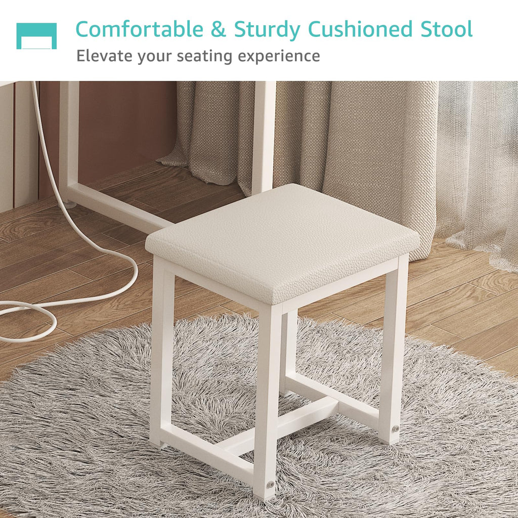White Makeup Vanity Desk with Mirror and Lights, Chair and Drawers D583891