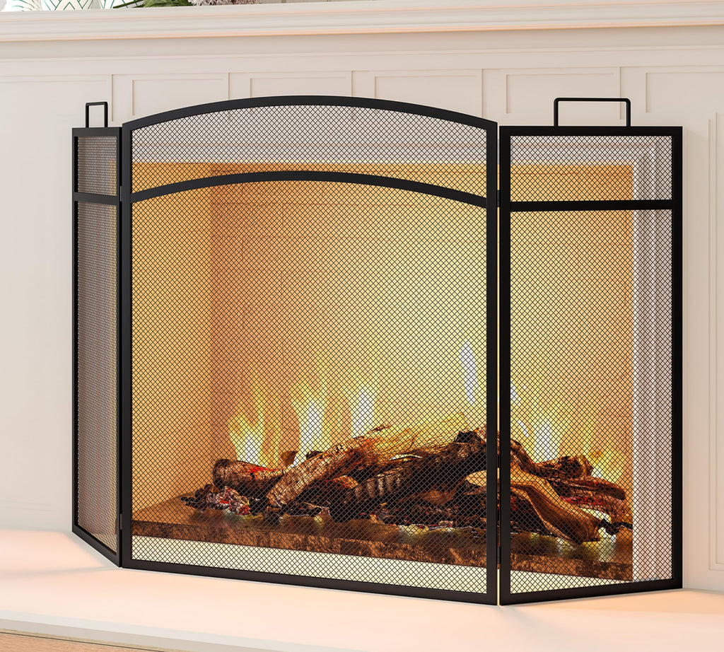 Black Foldable Wrought Metal Mesh Fireplace Screen Q717