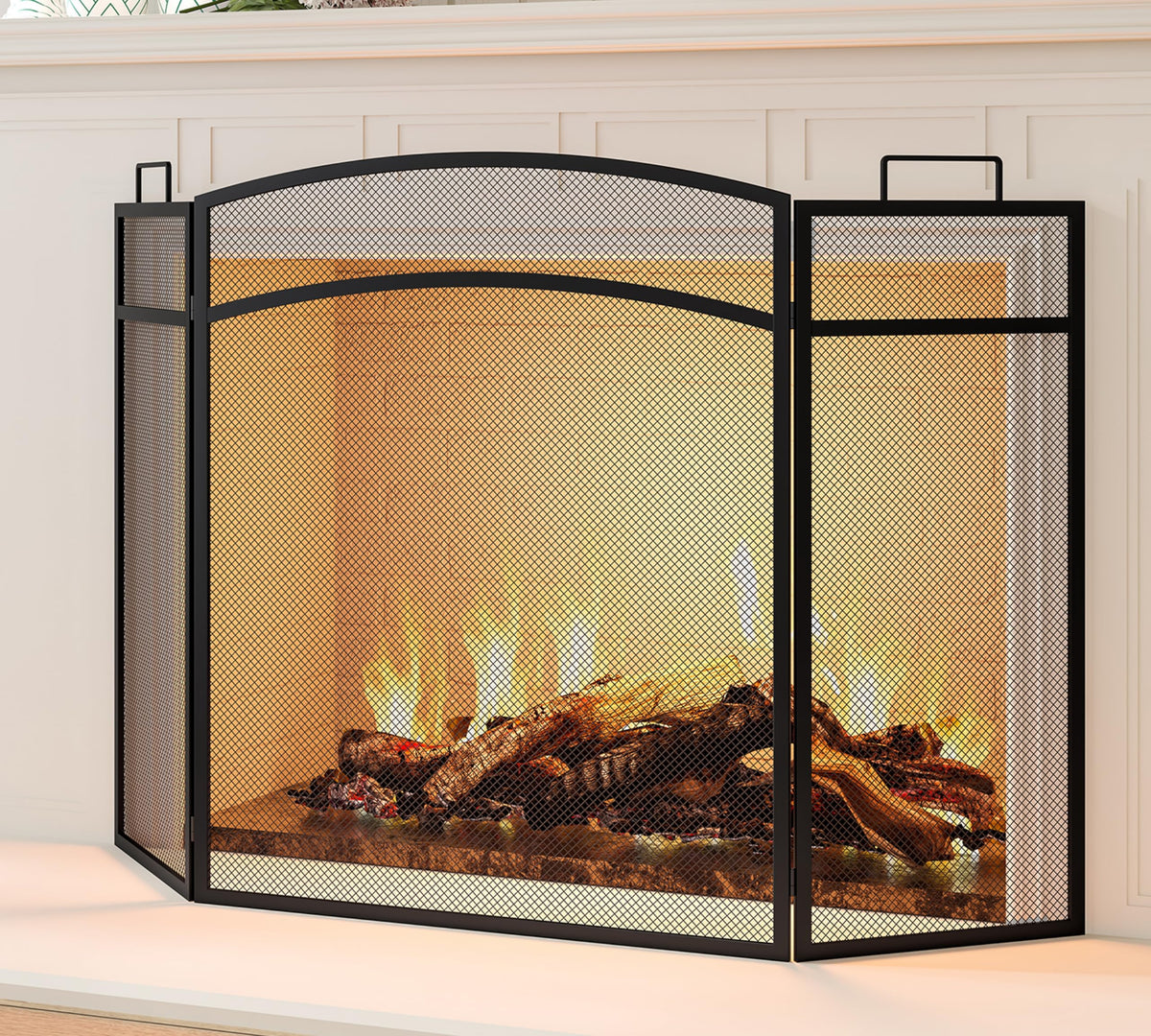 Black Foldable Wrought Metal Mesh Fireplace Screen Q717