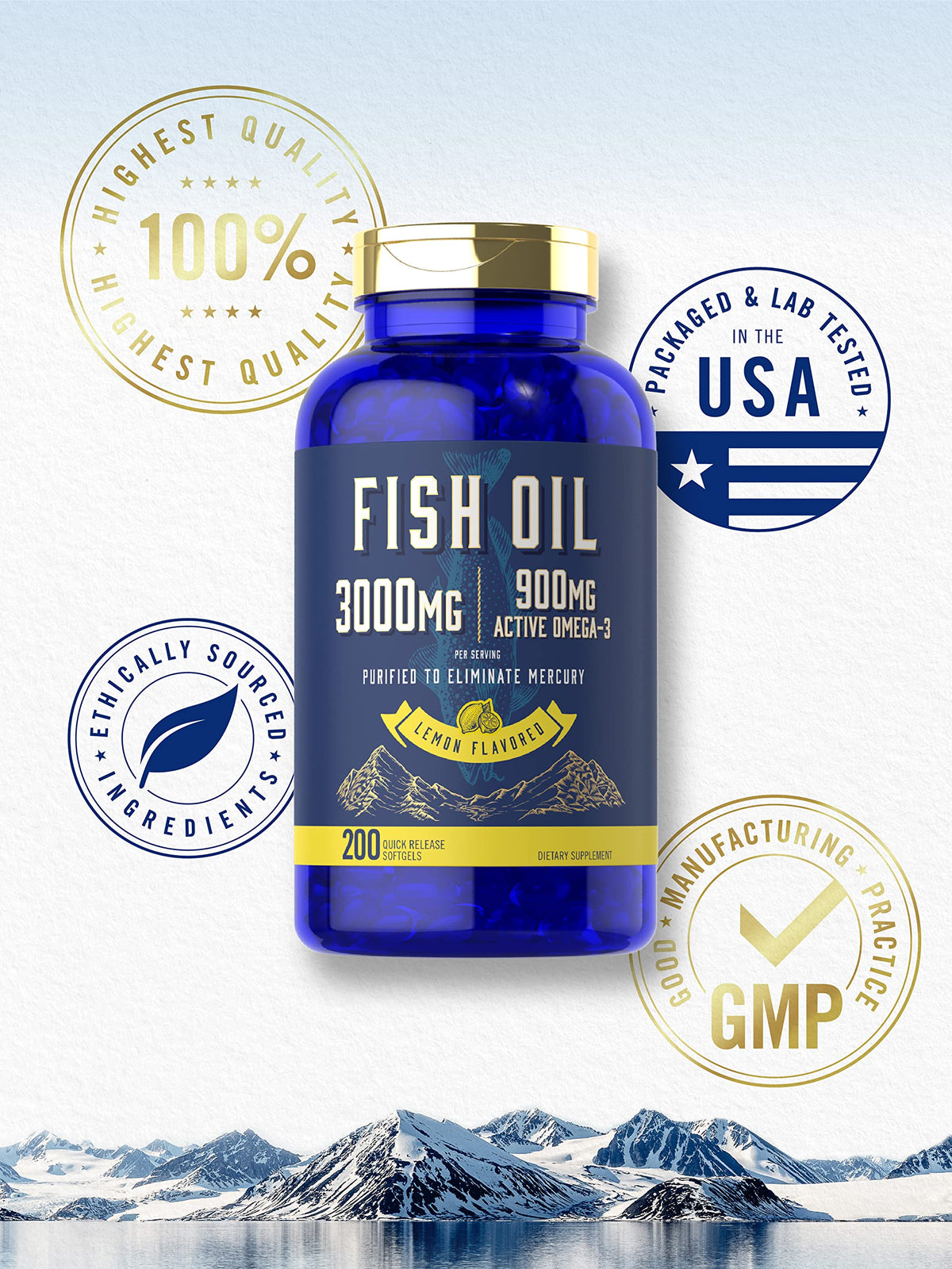 Fish Oil 3000mg 900mg Omega 3 200 Softgels Lemon Flavor E9665