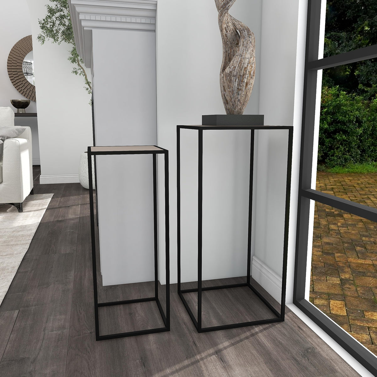 Black Metal End Table with Brown Wood Tops, Set of 2 W651819