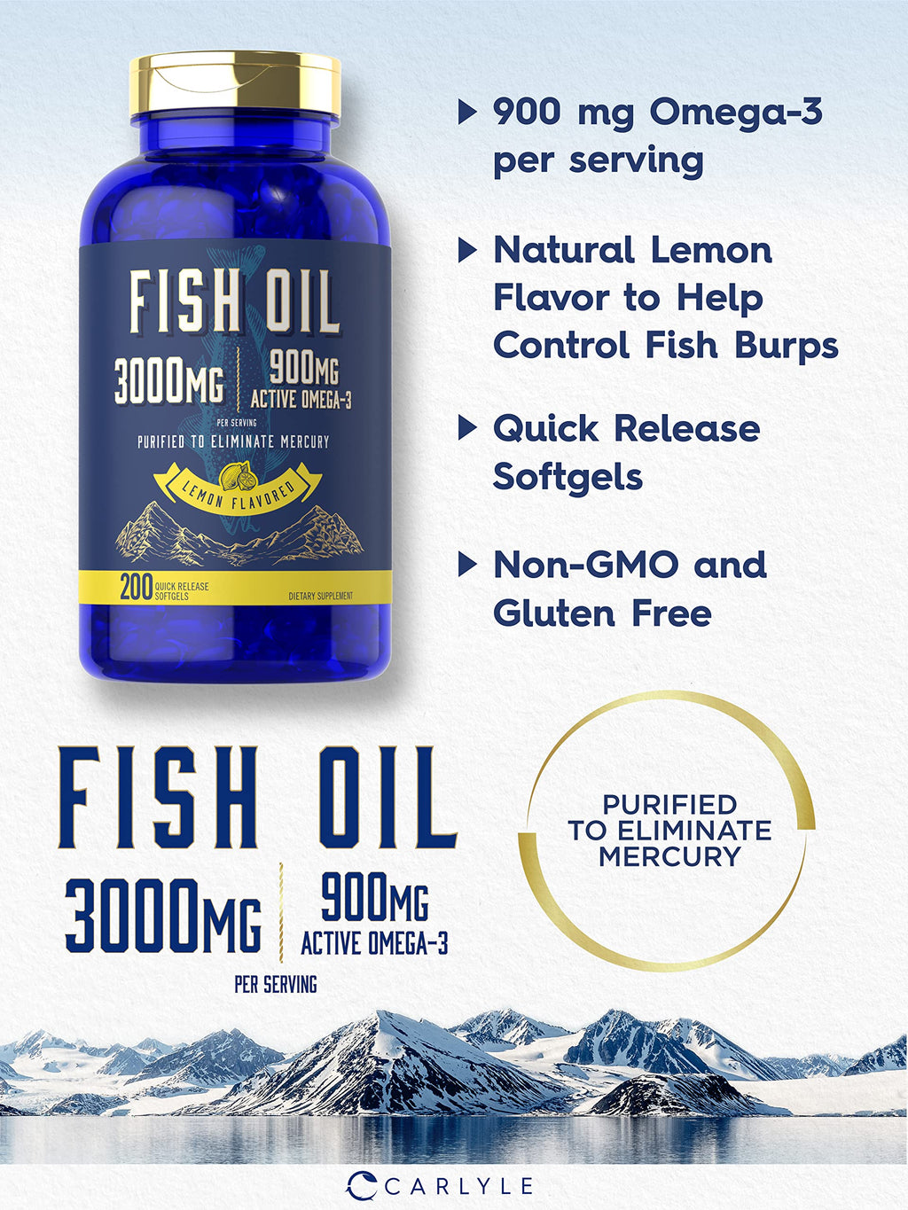 Fish Oil 3000mg 900mg Omega 3 200 Softgels Lemon Flavor E9665