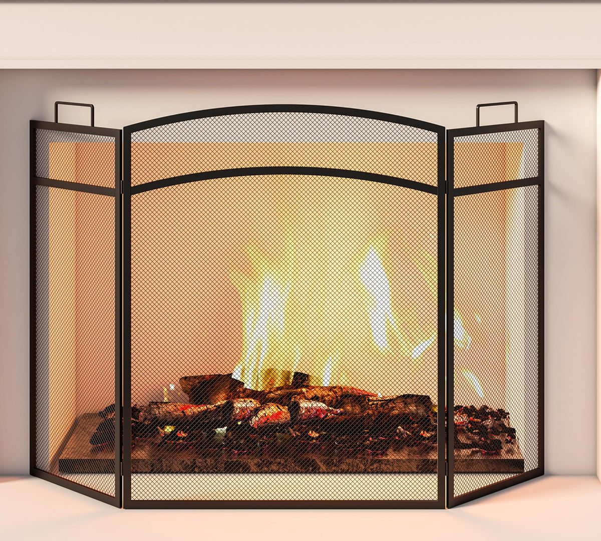 Black Foldable Wrought Metal Mesh Fireplace Screen Q717