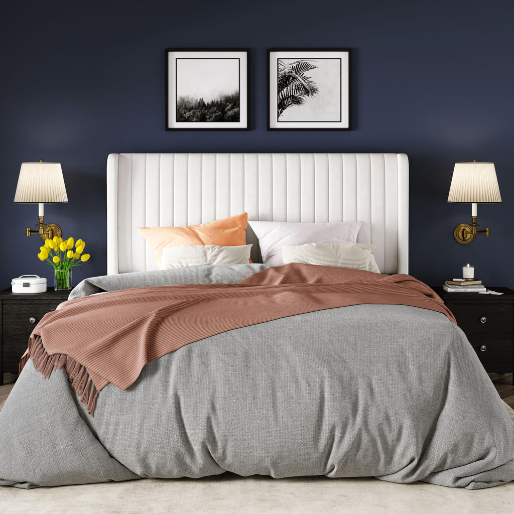 Queen Size White Velvet Upholstered Platform Bed Y85275