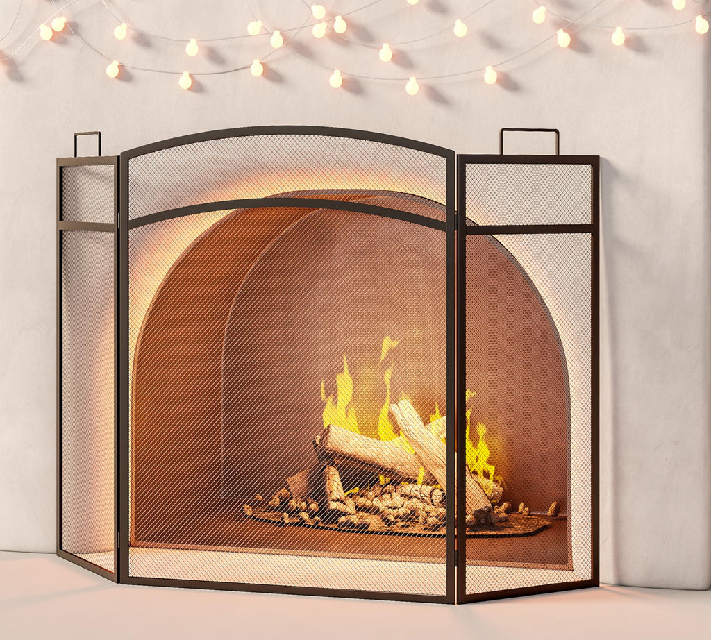 Black Foldable Wrought Metal Mesh Fireplace Screen Q717
