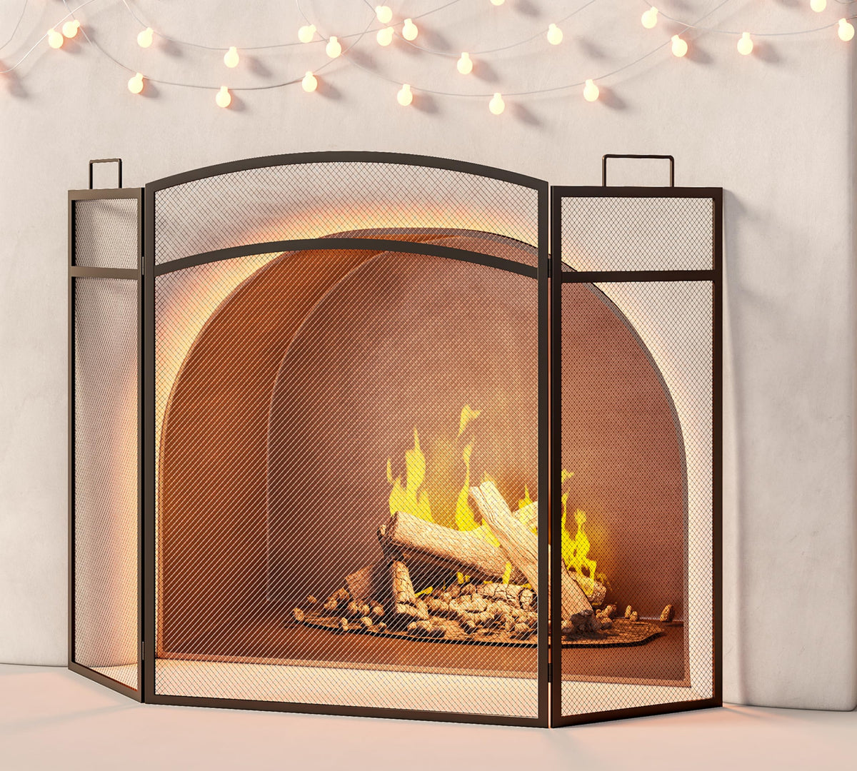 Black Foldable Wrought Metal Mesh Fireplace Screen Q717