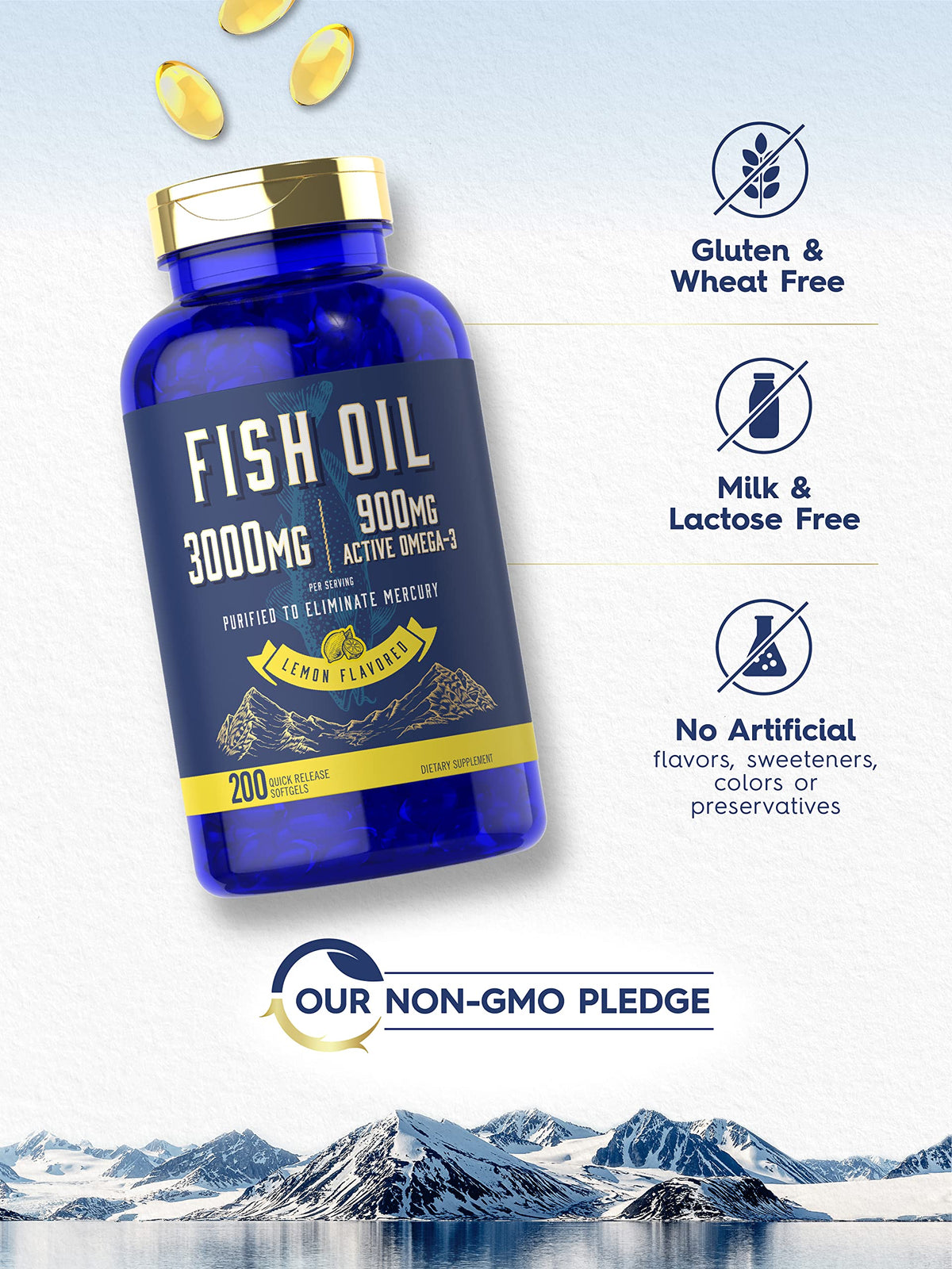 Fish Oil 3000mg 900mg Omega 3 200 Softgels Lemon Flavor E9665
