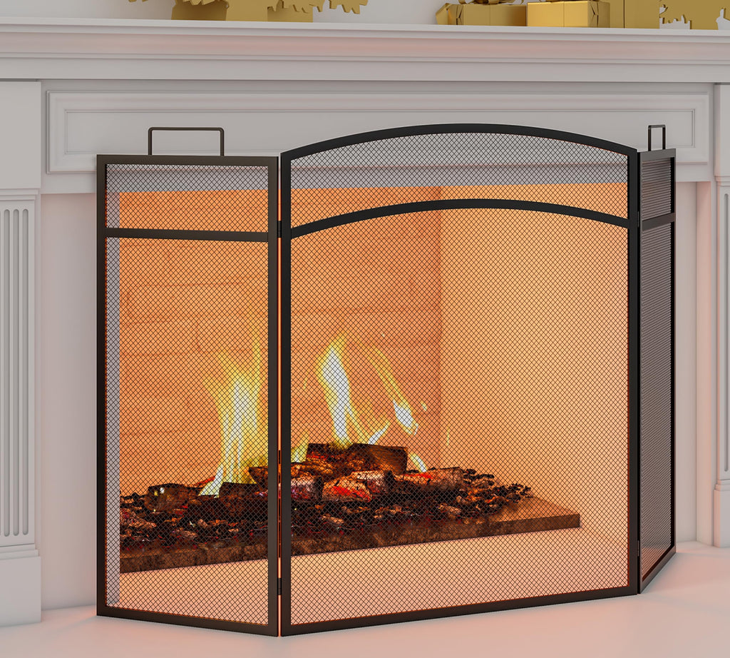 Black Foldable Wrought Metal Mesh Fireplace Screen Q717