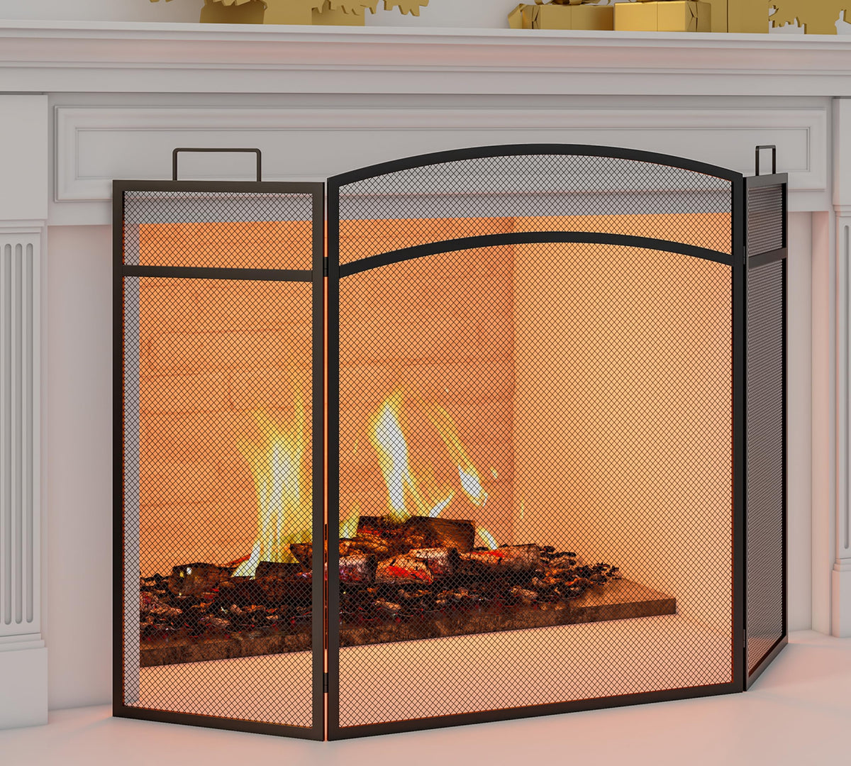 Black Foldable Wrought Metal Mesh Fireplace Screen Q717