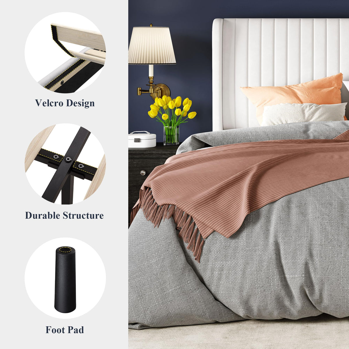 Queen Size White Velvet Upholstered Platform Bed Y85275