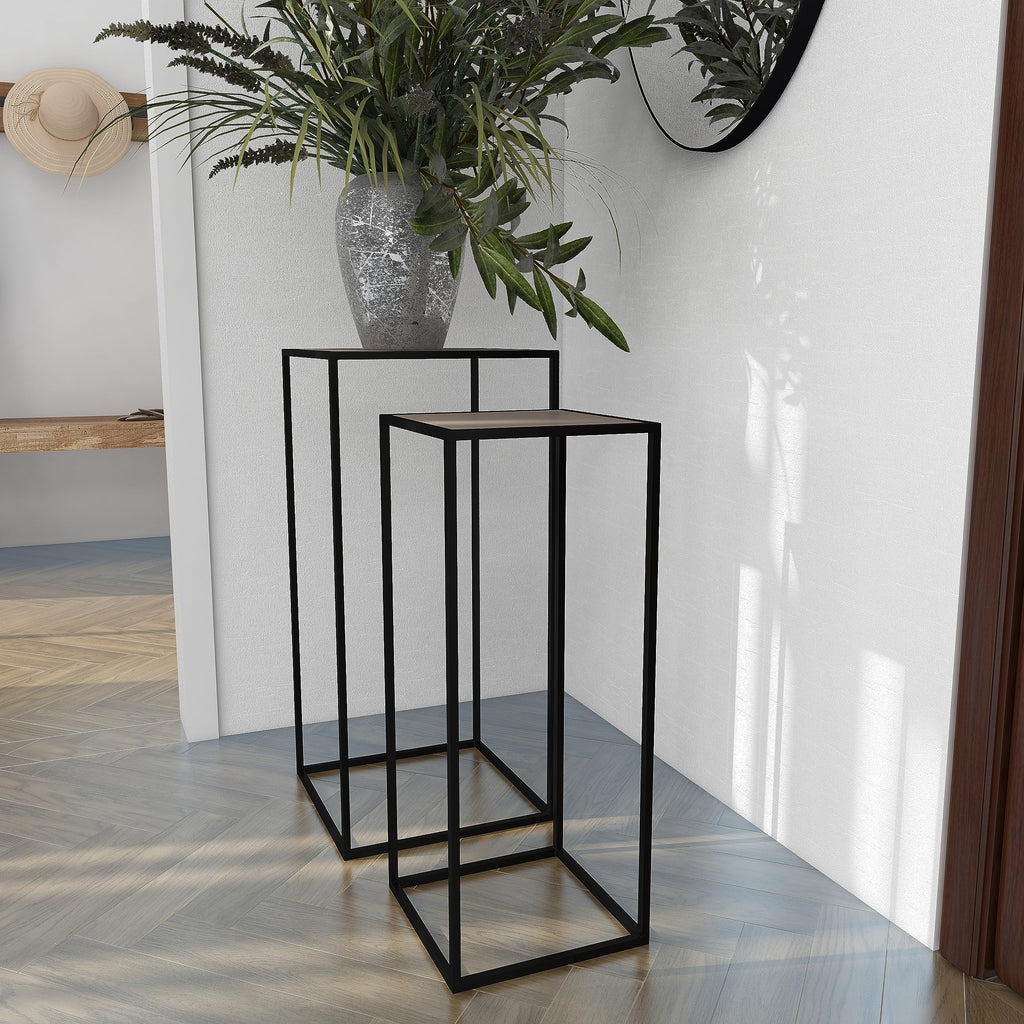 Black Metal End Table with Brown Wood Tops, Set of 2 W651819
