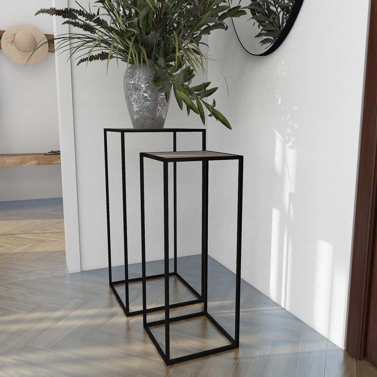Black Metal End Table with Brown Wood Tops, Set of 2 W651819